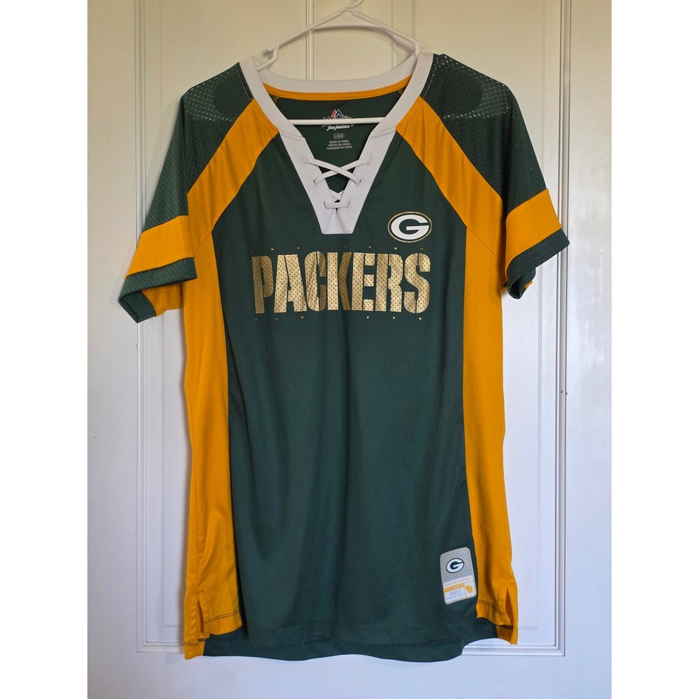 Majestic Green Bay Packers Women Lace Up Jersey Green Gold Large NFL Fan Gear